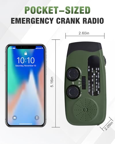 Image of Hand Crank Radio with AM /FM /NOAA Weather Bands,for Emergencies, Camping | 3 LED Flashlights,SOS Function,Solar Powered,Hand Cranked, 2000mAh /7400mWh Charger,for Power Outage - Olive Green