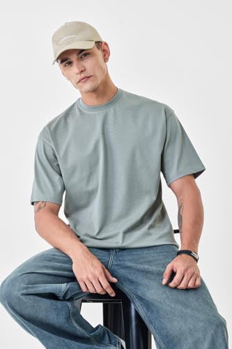Image of SNITCH Men Oversized Fit T-Shirt | Premium 100% Cotton Breathable Fabric & Smooth Texture | Minimalist Casual Wear T-Shirt with Drop Shoulder & Half Sleeves for Daily Use