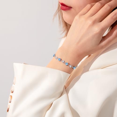 Image of Qlady Heart Link Bracelet for Women, Sterling Silver with Blue Crystal, Adjustable Chain Bracelet, Gift for Valentine's Day & Everyday