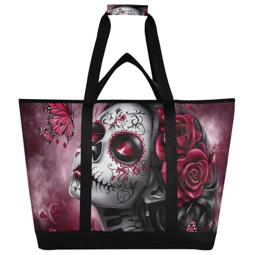 Sugar Skeleton Rose Large Insulated Tote Bag for Grocery Shopping Reusable Tote Bags for Women Men, Cooler Bag with Zippered Top & Handles for Beach Picnic Travel