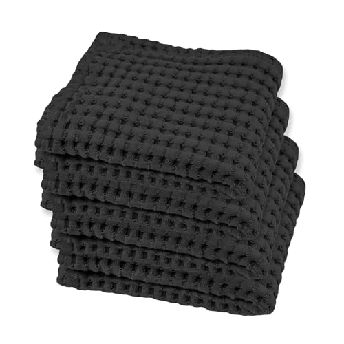 GILDEN TREE Waffle Bath Towels Wash Cloths for Showering, Exfoliating Washcloth Quick Dry Towel, Face Towels for Washing Face Cotton Washcloths Set of 4, Modern Style (Faded Black)