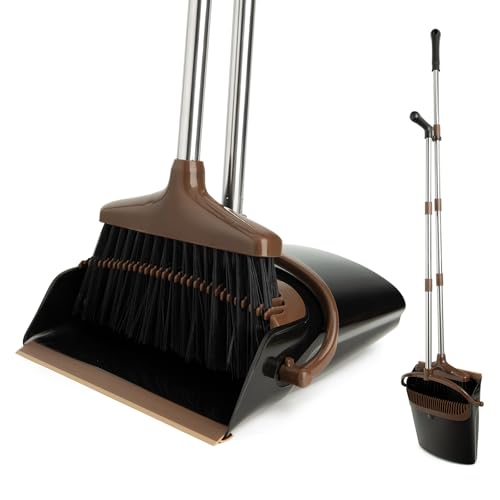 Image of Broom and Dustpan Set with Long Handle, Light Weight Stainless Steel Poles Stand Upright Dustpans with Broom Combo for Home Kitchen Office Pet Dog Hair, 1-Pack (Black Brown)