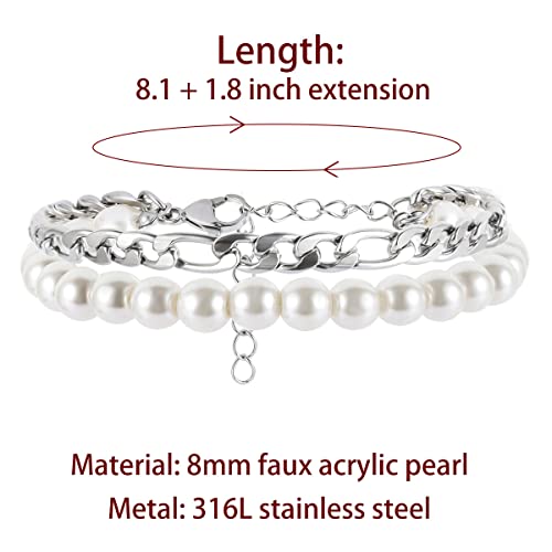 Faux Pearl Bracelet Men with Cuban Link Figaro Chain Wrist Bracelets Set Male Gift3