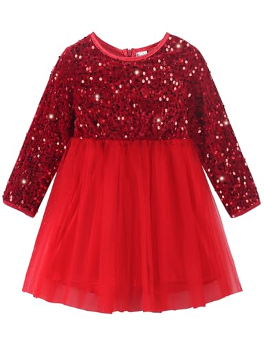 Noomelfish Girls Sequin Velvet Tutu Dress Toddler Tulle Sparkly Long Sleeve Fall Winter Party Dresses (3-8 Years)