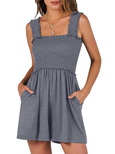 Caracilia Women's Summer Casual Smocked Rompers Square Neck Sleeveless Loose Shorts Jumpsuit 2025 Beach Vacation Outfits