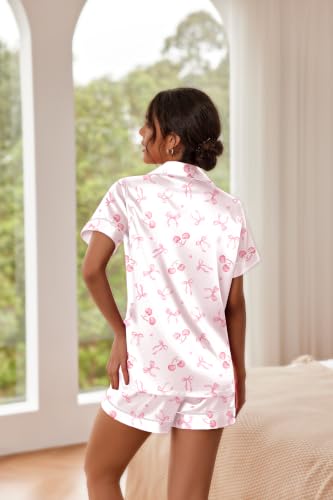 Image of Ekouaer Pajamas for Women Set Silk Satin Pjs Button Down Sleepwear Summer Loungewear Top and Shorts Lounge Set S-XXL