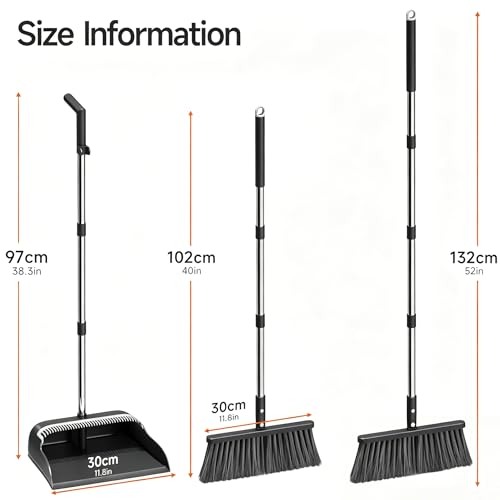 Image of CTIME Broom and Dustpan Set, 51.6 in Adjustable Long Handle with 2 Interchangeable Broom Heads, Standing Broom and Dustpan Set for Office, Kitchen, Lobby, Floor, Garden
