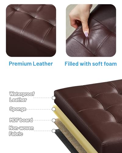 Image of Bsketa Storage Ottoman Bench,17 Inch Folding Leather Foot Rest Stool, Brown | Small Ottoman with Side Pockets, Thicker Foam Padded Seat, Livingroom, Dorm, Bedroom, Easy to install, 43L,17x13x13in