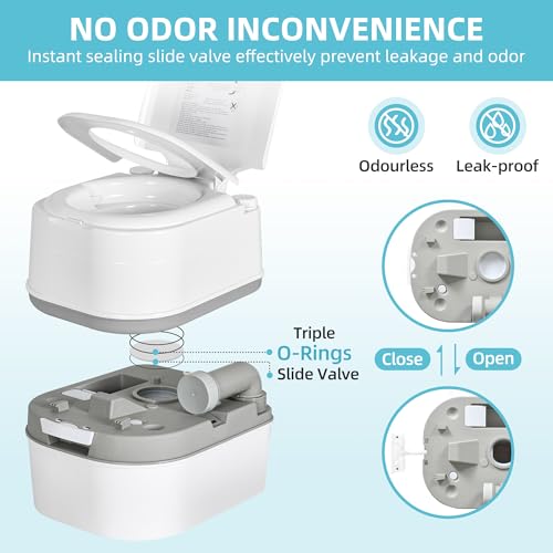 Image of YITAMOTOR Portable Toilet Camping Porta Potty with Paper Collection 6.34 Gallon, Indoor Outdoor RV Toilet with Handle Pump, Leak-Proof OutdoorToilet for RV Travel, Boat, Trips, White
