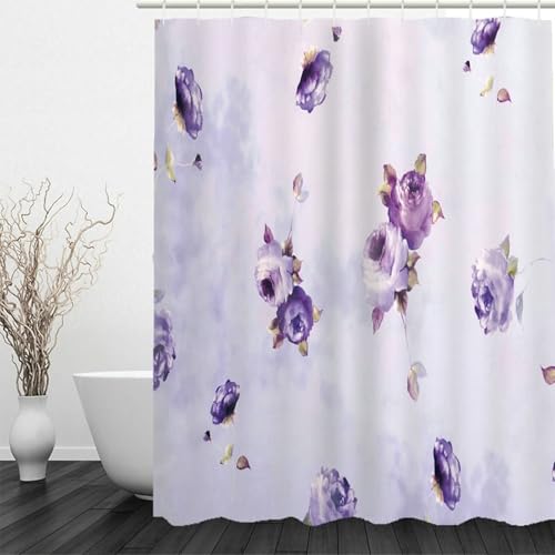 Rideau de douche violet lavable en machine, textile polyester imperméable avec crochets