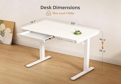 Image of Claiks Small Glass Standing Desk with Drawers & USB Ports 35x19 White
