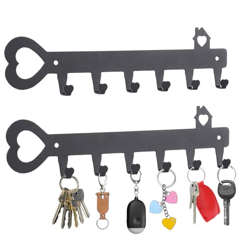 GENHH 2 Piezas Colgador Llaves Pared, Gancho para Llaves con 6 Ganchos, Gancho para Llaves Sin Taladro en Forma de Corazón Ganchos Autoadhesivos para Pasillos Puertas de Entrada Garajes Baños Negro