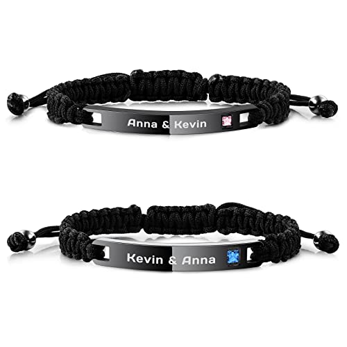 OTXIXTO Pulseras Personalizadas a Juego para Parejas Etiqueta de ID Grabada para Mujeres Hombres él Ella Nombre Fecha Tobillera Ajustable Cuerda Acero Inoxidable Amante Regalos de Amistad (2 Negro) Cover
