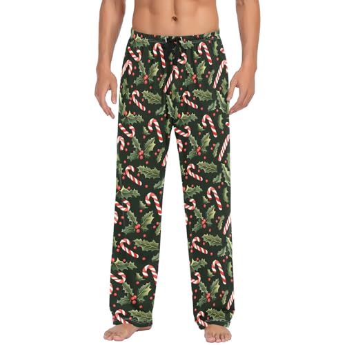 Mens Cotton Pajama Pants Sleep Lounge Pj Bottoms Sleepwear with Pockets Drawstring S Candy Cane Holly Leave2