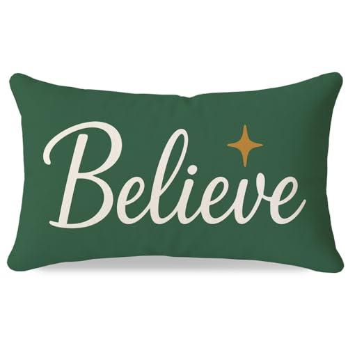 HERHOME Christmas Throw Pillow Cover 12x20 Inch, Forest Green Believe Christmas Decor, Outdoor Xmas Winter Holiday Lumbar Decorative Cushion Case Decoration for Home Sofa Couch or Entryway Bench