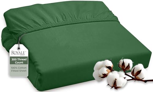 Image of ROYALE LINENS 300 Thread Count 100% Long Staple Combed Cotton Fitted Sheet Full - Super Soft Deep Pocket Bottom Sheet - Fitted Sheets Only - Elastic Sheets (Full, Hunter Green)