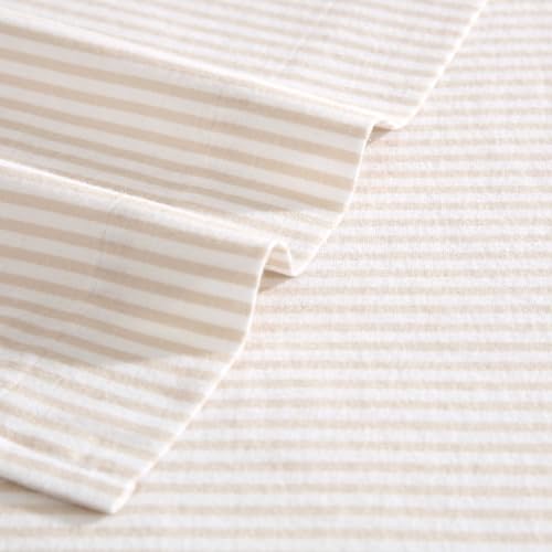Image of Laura Ashley - Flannel Sheets Twin Size, Anti-Pilling & Wrinkle Resistant Cotton, Touchably Soft for All-Season Comfort - Bed Sheets with Matching Pillowcase & Fitted Sheet (Oxfordshire Stripe Beige)