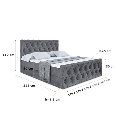 ALTDECOR Boxspringbett mit Matratze und Lattenrost, Boxbett, Fußteil, Topper, Polsterbett mit Bettkasten, Bett mit Stauraum H4-Matratze, Doppelbett, Springboxbett - Amay - 180x200 - Dunkelgrau Samt – Bild 3