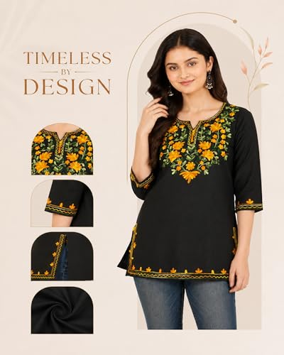 Image of Women's Gulnar Pure Cotton Kashmiri Embroidered A-line 3 /4 Cuff Sleeves Kurti | Short Kurta