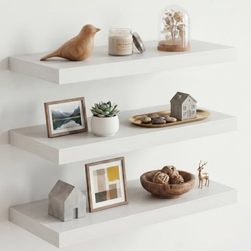 Image of Fun Memories 10 inch Deep Floating Shelves with Invisible Brackets, 24 inch Wall Shelves for Bathroom Bedroom Living Room, Modern Rustic Shelves for Home Decor, 24 inch W x 10 inch D x 1.5 inch H, Set of 3, White