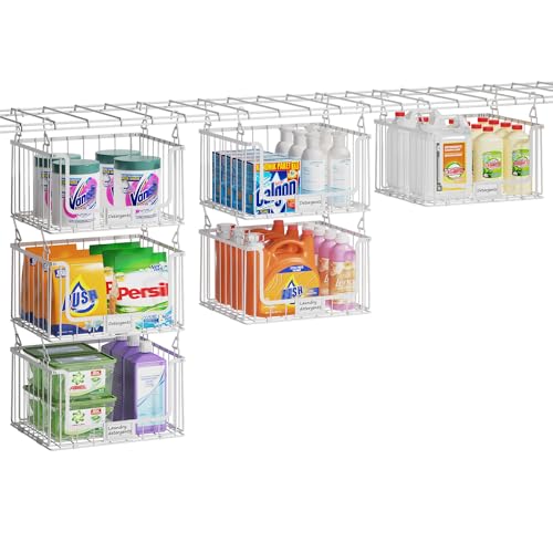 3-Pack Hanging Laundry Organizer, Stackable Wire Shelf Storage with Label