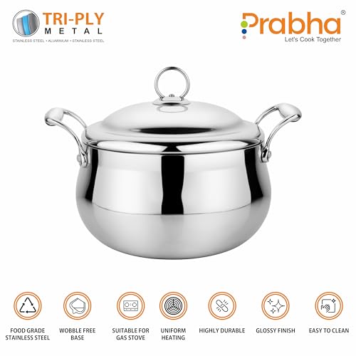 Image of Prabha Prima Belly Casserole with Lid | Roti Casserole Set 3700ML (20CM) | Casseroles Tri-Ply Layer | Hot Case /Hot Pot Food Grade | Serving Bowl Rice-Gravy-Curry /Hot Box | Induction Base & Gas Stove