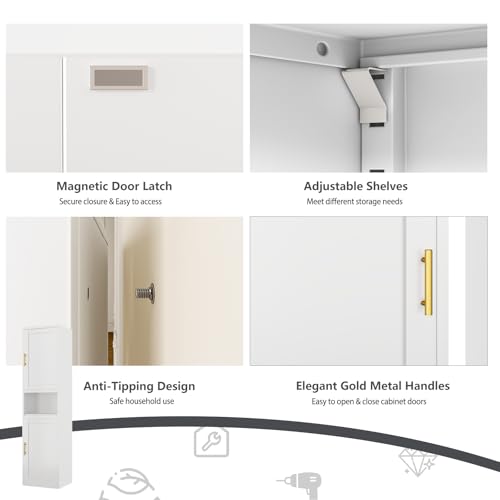 Image of Tall Narrow Pantry Cabinet for Kitchen, 67 inch H Metal Storage Cabinets with Doors and 3 Adjustable Shelves for Dining Room, Living Room and Home Office (16 inches Wide White)