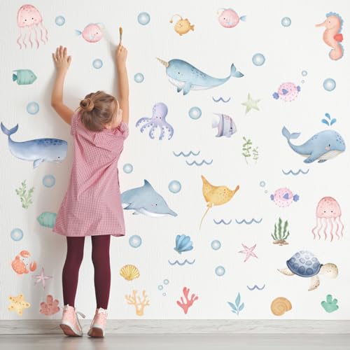 Image of Ocean Animal Wall Decals,Under The Sea Whales Wall Decal Stickers,Under The Sea Wall Decals,Removable Fish Under Sea View Animals Peel and Sticks Wall Art Decor