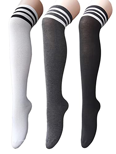 Zando Womens Leg Warmers Thin Knee High Stockings Cosplay Thigh High Stockings Striped Knee High Socks Long Over the Knee Socks Casual Thigh High Socks Black & White & Grey Striped One Size