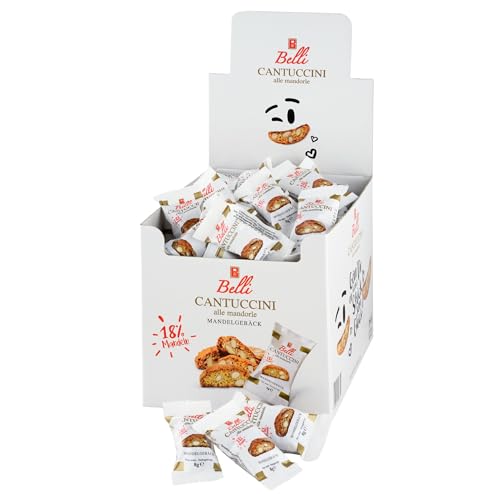 Belli Cantuccini alle mandorle Aufsteller (1x 600g) | 75x Kekse á 8 Gramm pro Box | Gebäck mit Mandeln aus Italien | einzeln verpackte Kekse in einer praktischen Box