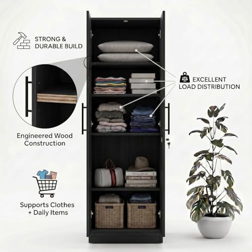 Image of FFO 2 Door Wardrobe | Multi-Purpose Wardrobe Organizer with Shelves | Engineered Wood Cupboard for Living Room, Bedroom & Office | Modern Sideboard Storage Unit Black DIY.