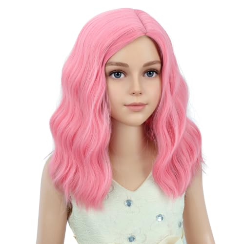Image of PATTNIUM Light Pink Short Curly Wavy Wigs for Kids Girls Side Part Shoulder Length Heat Resistant Synthetic Wig Halloween Cosplay Costume Party Wigs