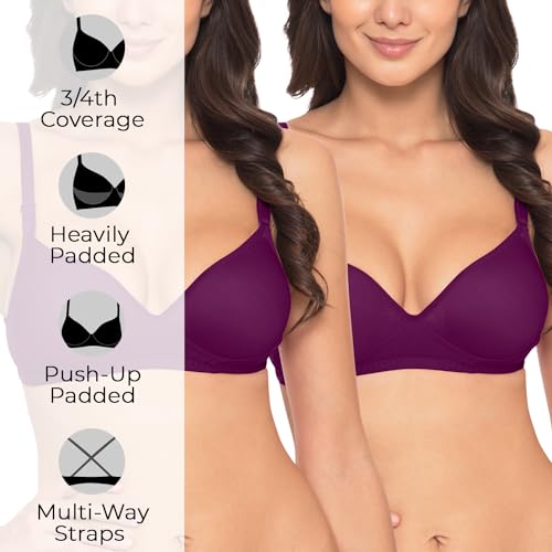 Image of Komli - Heavily Padded Push-Up Bra - Cotton Rich - Balconette - 3 /4th Coverage, Seamless, Wireless, Multiway Straps - T-Shirt Bra (Pack of 2)