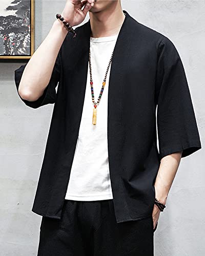 Image of Men's Japanese Kimono Cardigan Loose Cotton Linen 3 /4 Sleeve Open Front Casual Summer Shirt Jackets