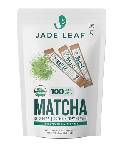Jade Leaf Matcha Organic Premium Ceremonial Grade Matcha Green Tea Powder - Japanese - Culinary, Ingredient, Ceremonial Barista Teahouse, Latte, Collagen, 0.04 Ounce (Pack of 100), Ceremonial Matcha