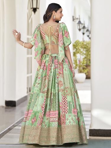 Image of Women's Digital Print With Zari Dori Embroidery Work Chinnon Silk Lehenga Choli With Dupatta (Women-Lehenga-Choli-New; Free size)