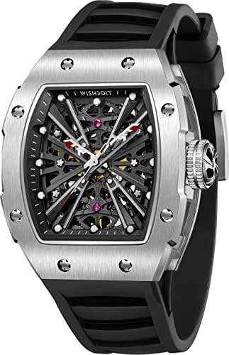 WISHDOIT Automatic Mechanical Tonneau Men's Wrist Watches X-Series Stainless Steel Barrel Shaped Case Sport Style Waterproof Sapphire Crystal Rubber Strap Silvery Watches