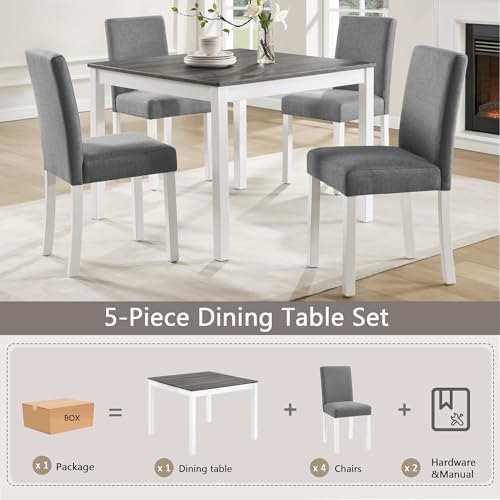 Image of KEIKI 5-Piece Standard Height Dining Table Set with Square Table and 4 Upholstered Curved Backrset Chair, for 4 Person, Modern Wooden Table Set, Easy Assembly, for Kitchen, Dining Room, White+Gray