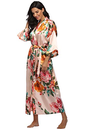 Image of Women Silk Kimono Robe Long Floral Bridesmaids Robes Satin | Wedding Party Bridal Getting Ready Robe Lightweight Dressing Gown Loungewear Sleepwear