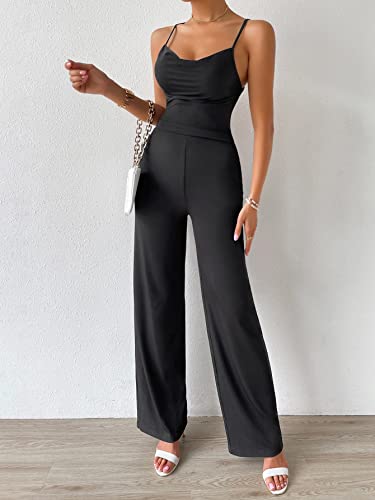 Wdirara Women's Lace Up Backless Cami Spaghetti Strap Sleeveless Jumpsuit Romper Black S #TOP3