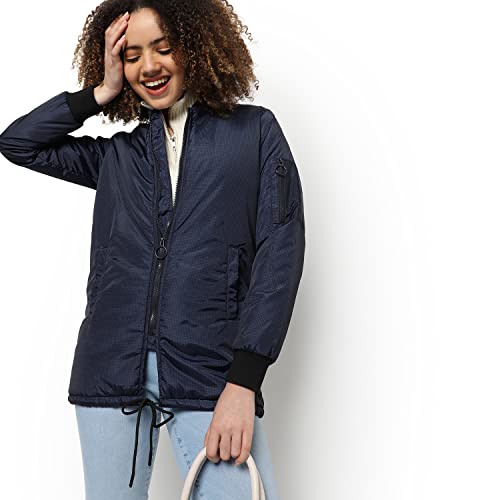 Image of PINACOLADA Women Blue Puffer Regular Fit Bomber Jacket For Winter Wear | Low-Cut Standing Collar | Full Sleeve | Zipper | Casual Jacket For Woman & Girl | Western Stylish Jacket For Women
