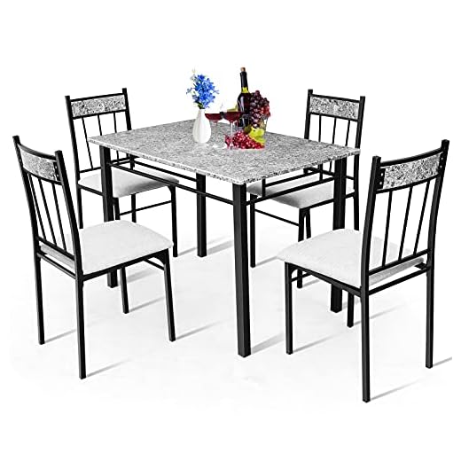 COSTWAY 5-Piece Kitchen Dining Set, Marble Dining Table Set with Sponge Cushion and Metal Structure, Modern Kitchen Table Set for Apartment, Restaurant and Cafe, Grey and Black