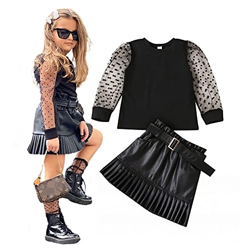 LXXIASHI Toddler Baby Girl Mesh Sheer Long Sleeves Blouse Top + A-Line Leather Pleated Skirt Mini Dress Outfits (Polka Dot - Black, 6-7 Years)