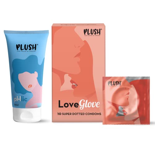 Image of Plush LoveGlove Premium Extra Super Dotted Condoms(10 N) & pHlic 100% Water Based Lubricant | Vegan, Electronically tested & pH Balanced | Non-flavoured & Compatible with toys | Naturally Sourced Latex
