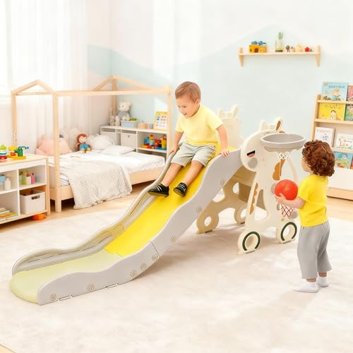 2 In 1 Baby Slide with Basketball Hoop,Kids Garden Slide,Indoor/Outdoor Play Equipment for Children,Freestanding Toddler Slide Toy,Climbing Frame,Gifts For Girls Boys (155CM)