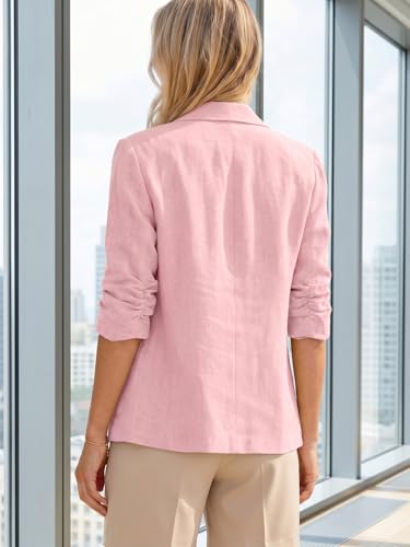 Image of Mina Self 2026 Summer Women's Linen Blazer Jacket - Lightweight Breathable 3 /4 Stretchy Ruched Sleeve Casual Work with Pocket
