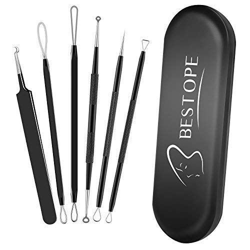 Preisvergleich Produktbild BESTOPE Mitesserentferner Komedonenquetscher Set Blackhead Remover mit Metall-Box Schwarz Pinzette Zupfen Kit aus Hochwertiger Edelstahl Akne Mitesser Entferner Extraktor Tools 6 Stücke