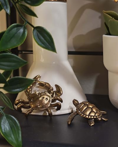 2PCS Mini Turtle & Crab Sculptures: Antique Brass Figurine Set - Handmade Zen Bookshelf Decor | Coastal Desk Statue Gift for Women, Office, Mantel - Image 3