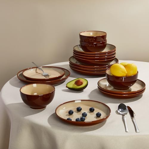 Image of Pokini 32 Piece Double Bowl Dinnerware Sets with Pasta Bowls, Highly Chip and Crack Resistant Plates and Bowls Sets, Natural Earthyware Ceramic Dishware Sets, Service for 8 Brown Yellow