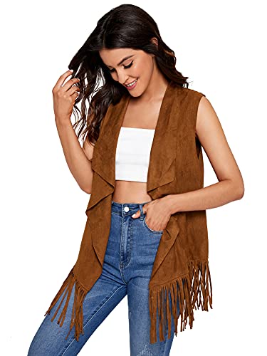 Soly Hux Women's Fringe Trim Sleeveless Lapel Open Front Vest Jacket Cardigan Camel M #TOP1
